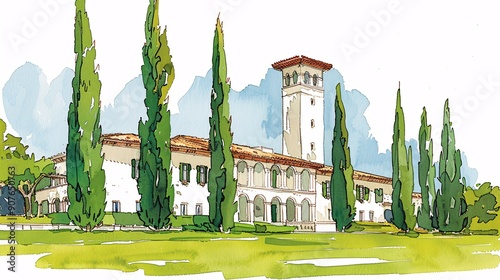 An expansive architectural drawing of a grand estate surrounded by tall, slim trees, showcasing extensive detailing and elegance of the structure's exterior within a lush environment. photo