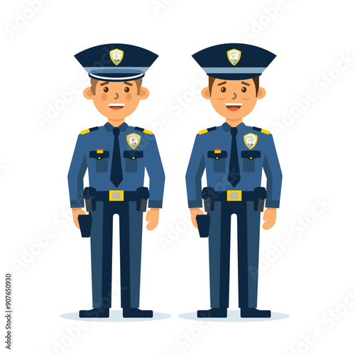 Two young male police officers wearing blue uniforms, hats, ties smiling standing side side. Caucasian law enforcement characters professional attire, displaying badges radios isolated white
