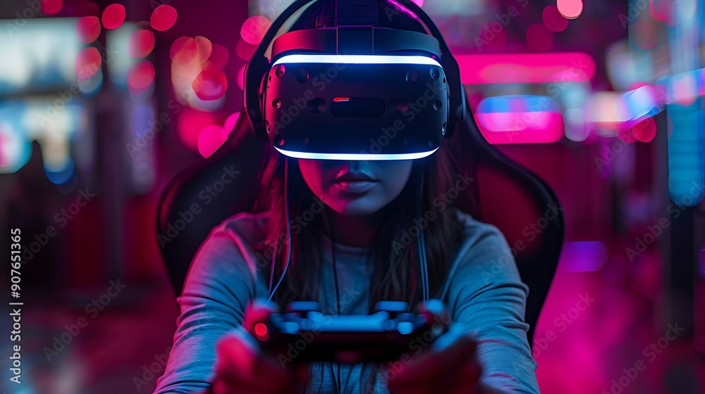 A gamer deeply engaged in a virtual reality game, wearing a VR headset and holding controllers. A gamer deeply engaged in a virtual reality game, wearing a VR headset and holding controllers.