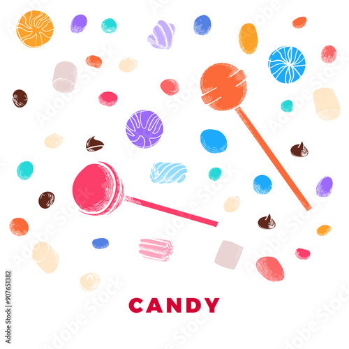 Hand drawn vector candies. Lollipops, gum, marshmallow with chocolate, vanilla, coffee, caramel and fruit flavors. Easy to edit and use vector food assets. Each vector is one united shape.