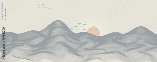 Vector abstract art landscape mountain with birds and sunrise sunset by blue line art texture isolated on white beige earth tone background. Minimal luxury style for wallpaper, wall art decoration.