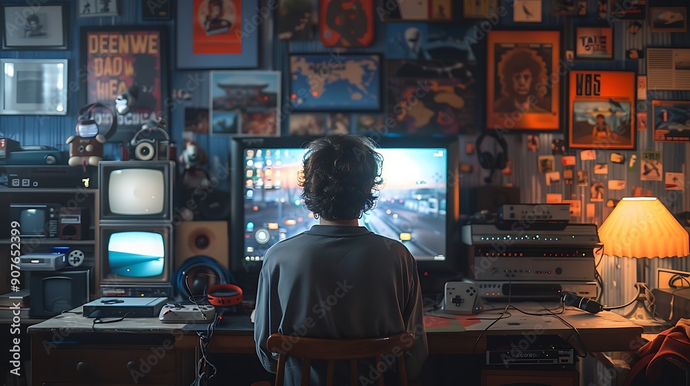 A gamer enjoying a retro-themed setup with vintage gaming consoles, an old CRT monitor, and modern streaming gear including a microphone and a game controller. A gamer enjoying a retro-themed setup with vintage gaming consoles, an old CRT monitor, and modern streaming gear including a microphone and a game controller.