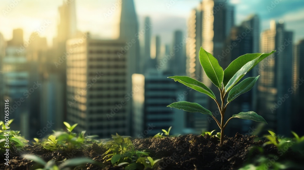 Green plant pushing through urban infrastructure, with a cityscape in the background, representing nature's strength and adaptability