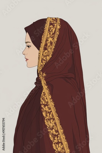 Minimalism illustration, an Algerian woman, wearing a colorful burnous in rich burgundy with gold detailing, traditional fashion, flat illustration on light gray background  photo