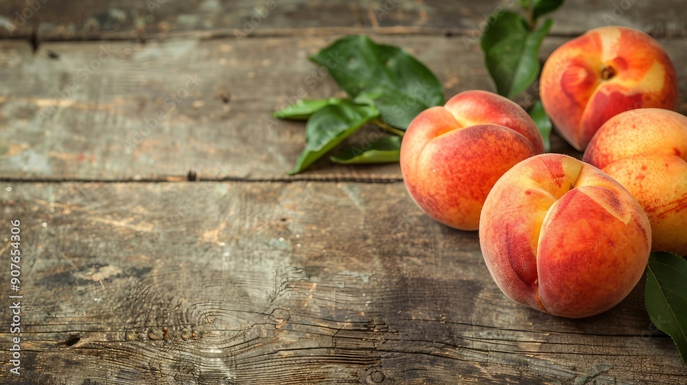 Ripe Juicy Peaches with Leaves on Rustic Wooden Background, Organic Donut or Vineyard Peach Varieties, Healthy Summer Fruit Harvest Concept Ripe Juicy Peaches with Leaves on Rustic Wooden Background, Organic Donut or Vineyard Peach Varieties, Healthy Summer Fruit Harvest Concept