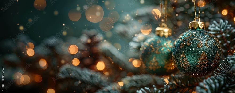 Christmas ornaments on a tree with bokeh lights, creating a festive and cozy holiday atmosphere Christmas ornaments on a tree with bokeh lights, creating a festive and cozy holiday atmosphere