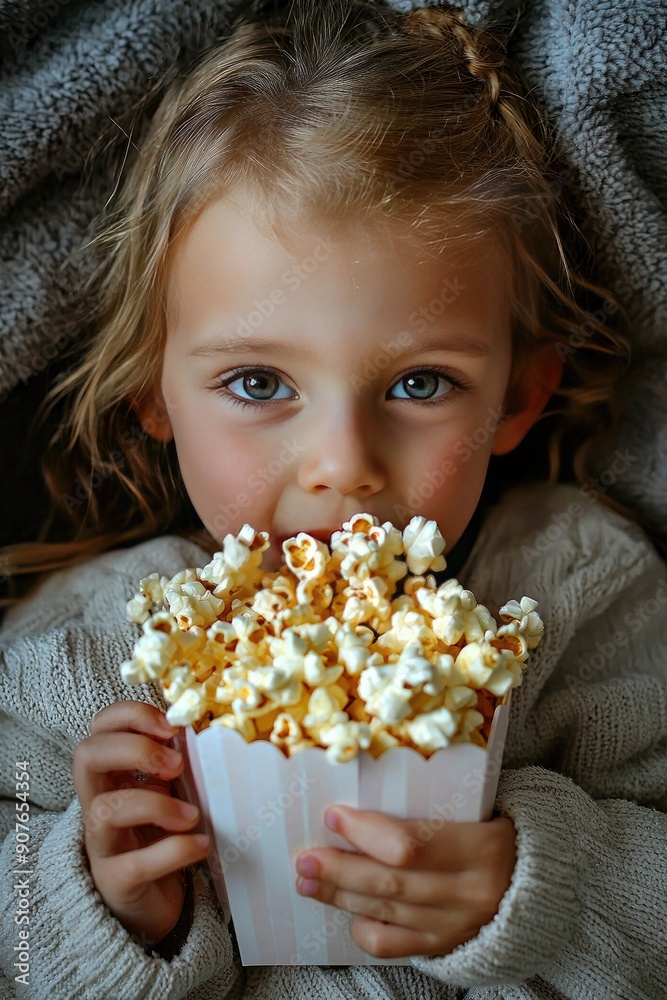 a child eats popcorn. Selective focus