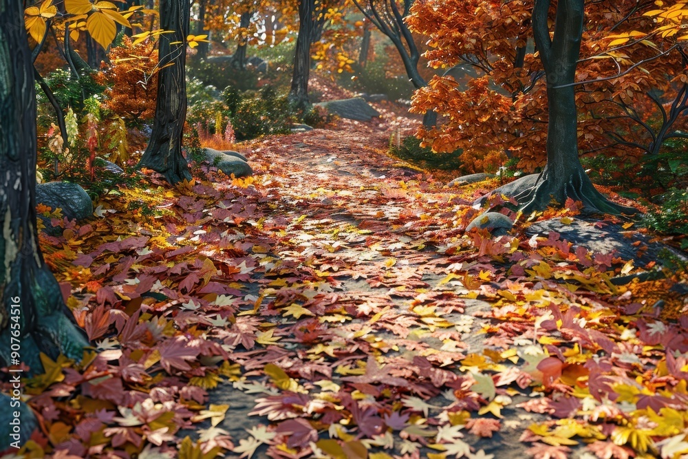 A forest path covered in autumn leaves A forest path covered in autumn leaves