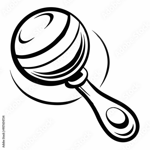 Baby rattle illustration, black and white, baby accessory with copy space