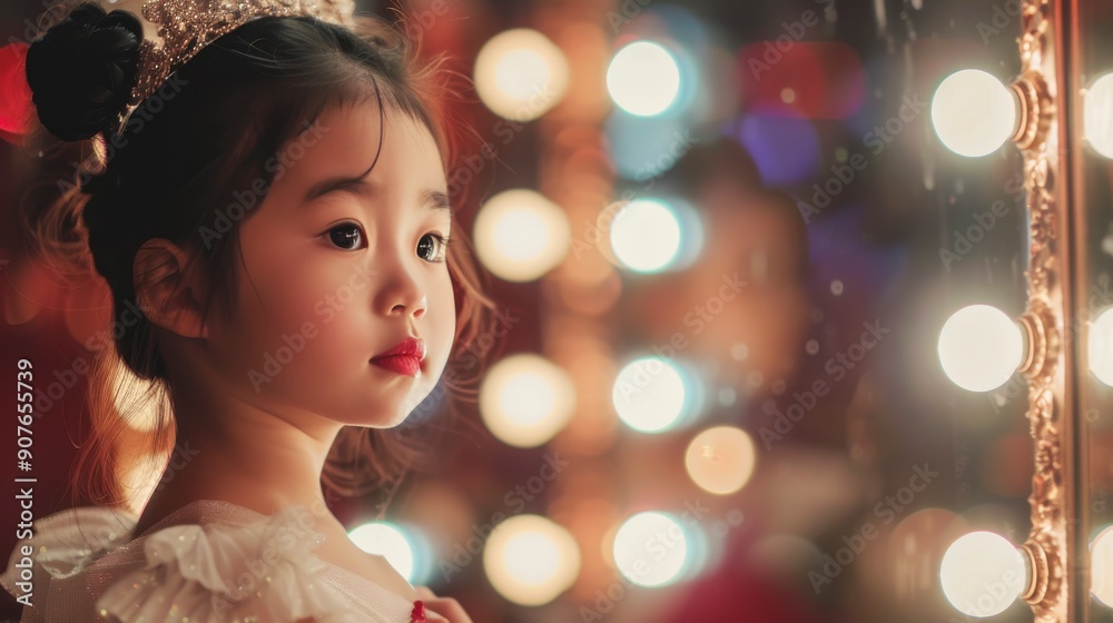 A young girl gazes thoughtfully at a beautifully lit vintage mirror in a festive setting A young girl gazes thoughtfully at a beautifully lit vintage mirror in a festive setting