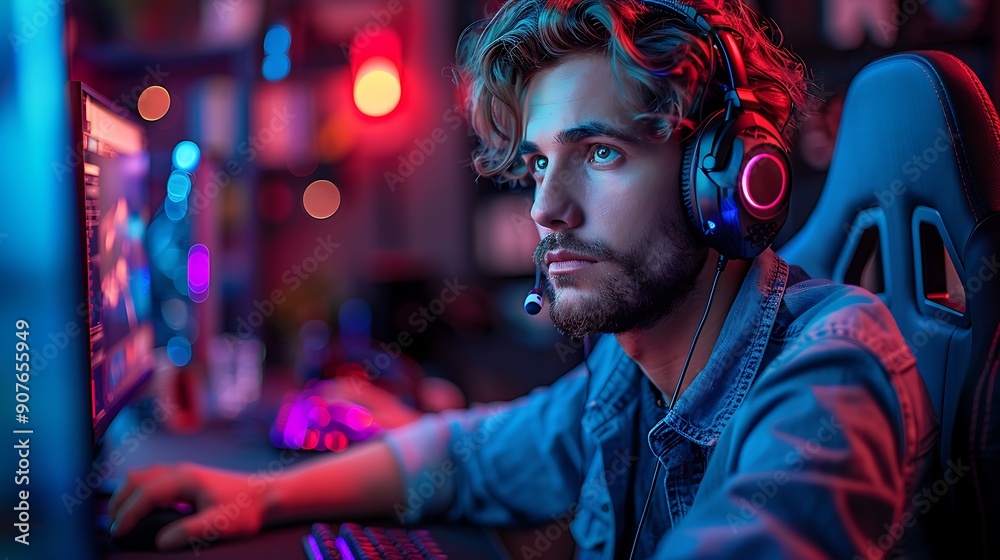 A male gamer at his ultimate gaming desk setup, with dual monitors, a high-back gaming chair, a professional microphone, and a game controller. A male gamer at his ultimate gaming desk setup, with dual monitors, a high-back gaming chair, a professional microphone, and a game controller.