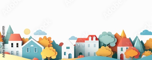 Whimsical paper-cut village illustration with colorful houses, trees, and clouds, perfect for art projects or graphic design elements.