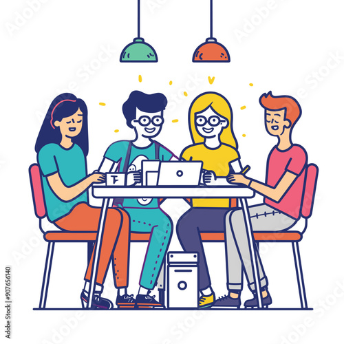 Group students collaborating project, diverse young adults discussing, working laptop, relaxed modern study environment. Friendly casual office meeting, team brainstorming ideas, casual clothing