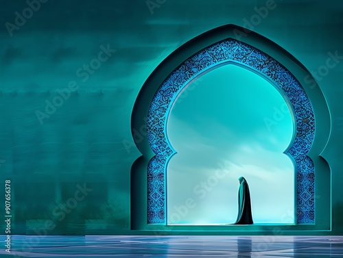 A tranquil scene of a person engaged in quiet reflection at a mosque, illustrating the heightened spiritual focus and devotion during Ramadan photo