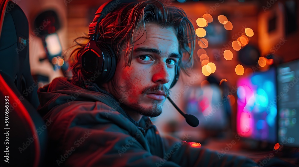 A male gamer immersed in a hub of gaming activity, surrounded by multiple monitors. A male gamer immersed in a hub of gaming activity, surrounded by multiple monitors.