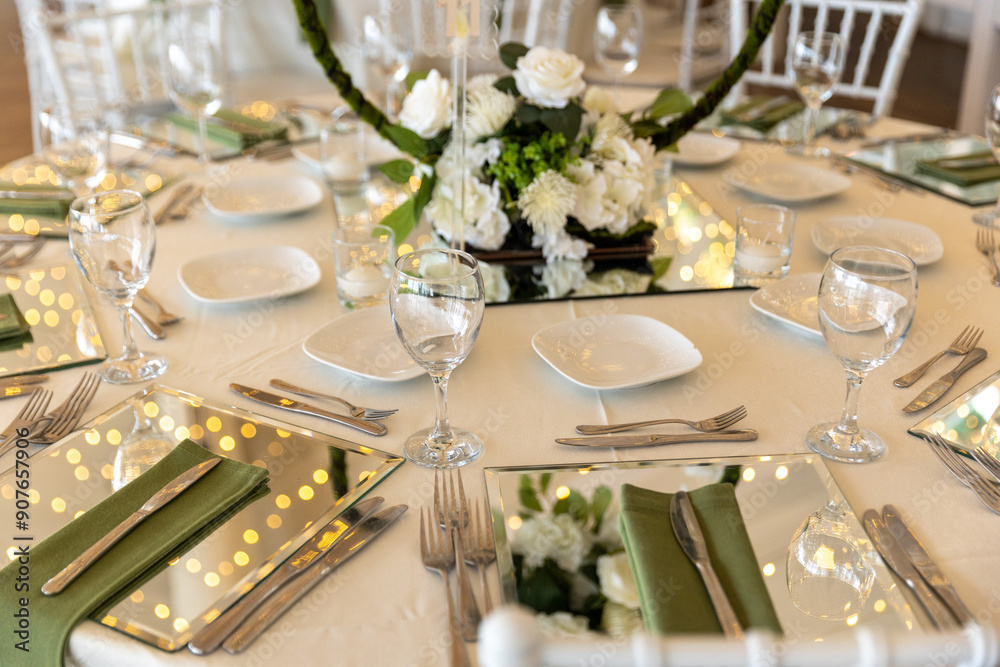 Elegant Wedding Table Setting with Floral Hoops and White Flowers