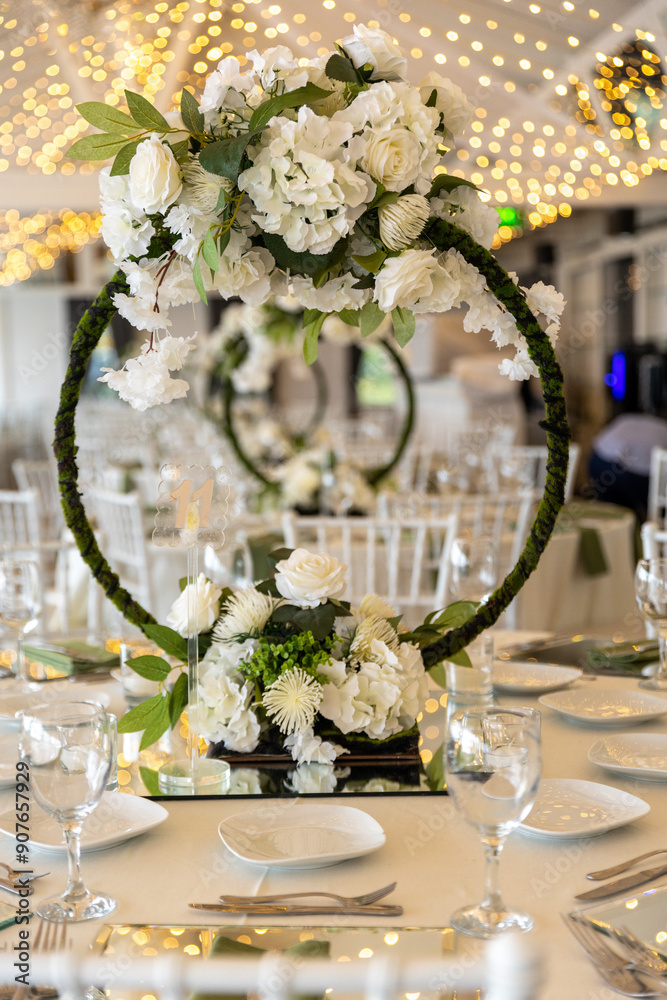 Elegant Wedding Table Setting with Floral Hoops and White Flowers