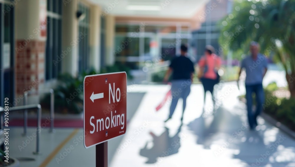 No Smoking Sign in Outdoor Courtyard with Blurred People Walking in Background No Smoking Sign in Outdoor Courtyard with Blurred People Walking in Background