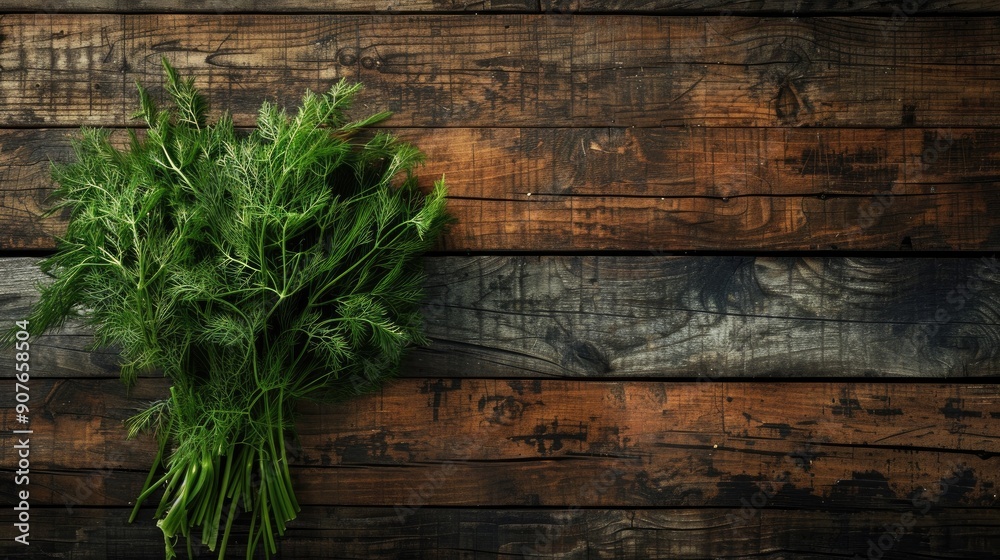 Dill bunch on wooden table overhead view Food backdrop Dill bunch on wooden table overhead view Food backdrop