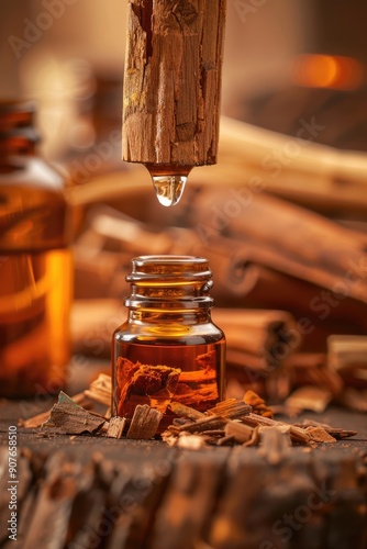 close up of sandalwood drops essential oil. Selective focus