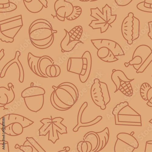 Subtle brown on brown thanksgiving outline seamless pattern