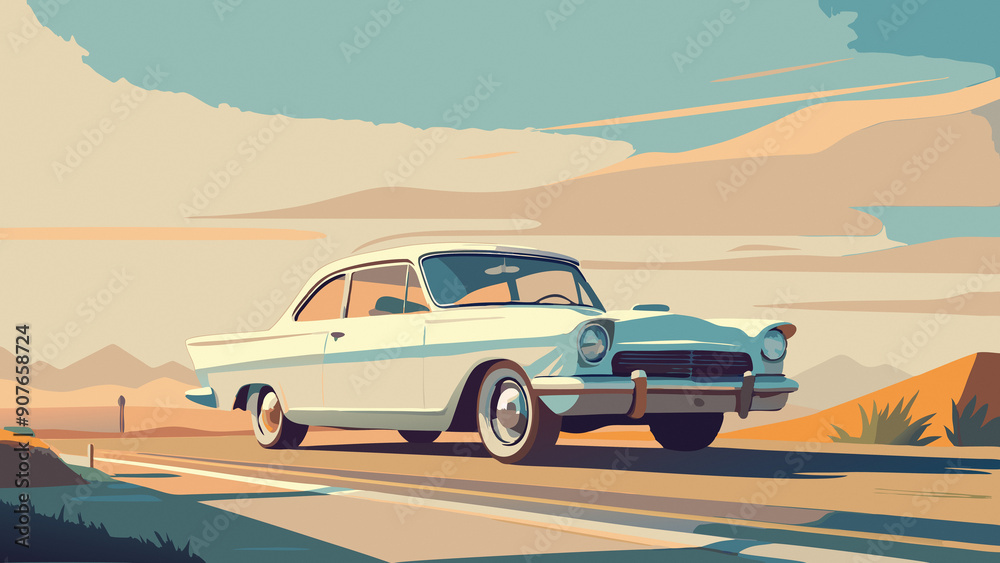 In front of the sunset, a classic car with a 1950s design speeds down a deserted road. The warm tones of orange and yellow in the sky contrast with the cool colors of the landscape In front of the sunset, a classic car with a 1950s design speeds down a deserted road. The warm tones of orange and yellow in the sky contrast with the cool colors of the landscape