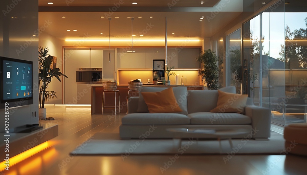 Naklejka premium Smart Home Integration: Advanced Technology in Modern Living, modern home equipped with various smart devices. 