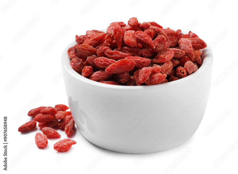 Dried goji berries in bowl isolated on white Dried goji berries in bowl isolated on white