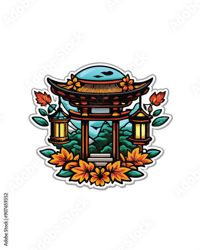 Illustration of a peaceful Shinto shrine with lanterns, flowers, and a mountain background.