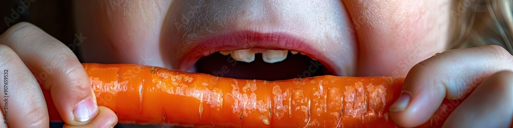 Obraz premium the child eats a fresh carrot. Selective focus