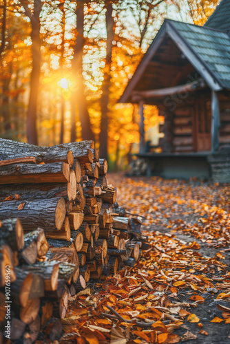 Cozy cabin in autumn woods with stacked logs and golden leaves illuminated by warm sunlight.