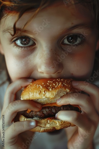 a child eats a burger close-up. Selective focus