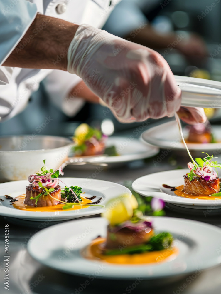 A chef is preparing a plate of food with a garnish of parsley A chef is preparing a plate of food with a garnish of parsley