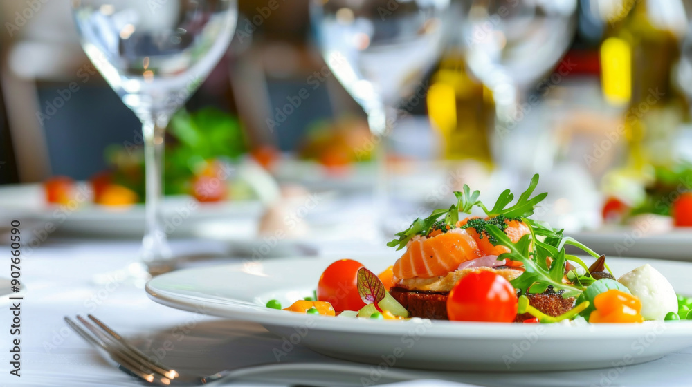 A plate of food with a variety of vegetables and a piece of salmon A plate of food with a variety of vegetables and a piece of salmon