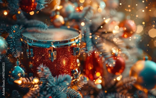 A festive, close-up view of a red drum nestled among Christmas decorations and lights, capturing the spirit of holiday celebration.