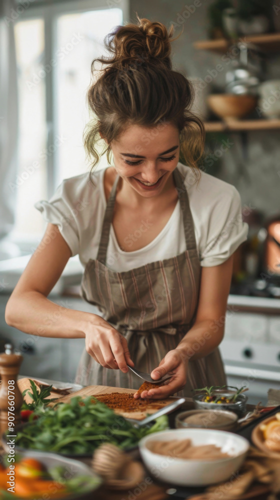 A woman is smiling while cutting vegetables in a kitchen A woman is smiling while cutting vegetables in a kitchen