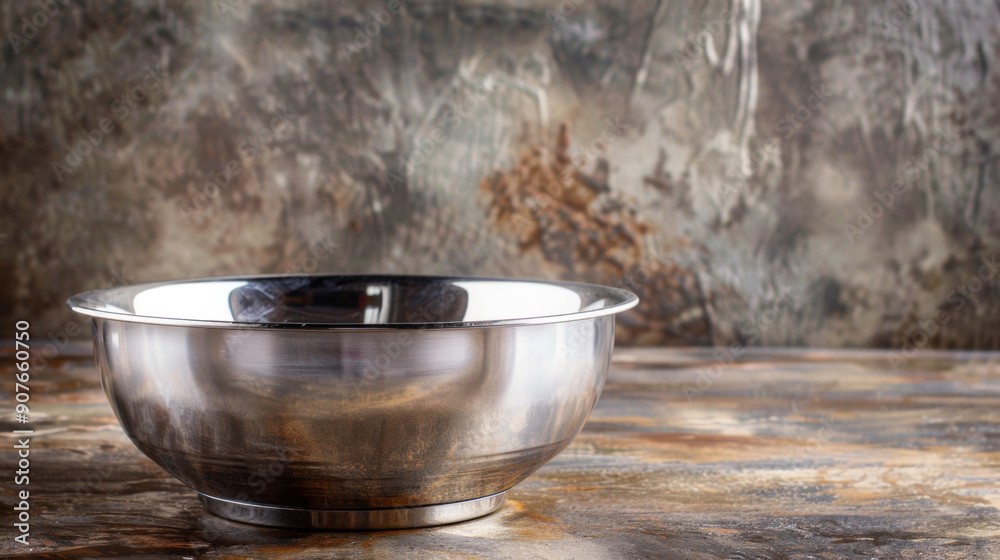 A silver bowl sits on a wooden table A silver bowl sits on a wooden table
