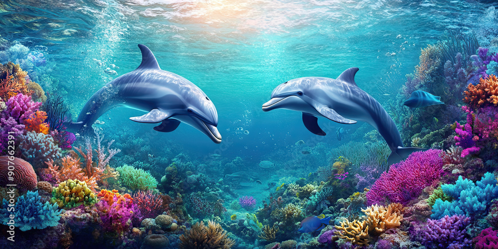 Dolphin's Domain: A stunning underwater scene with dolphins swimming amongst colorful coral reefs Dolphin's Domain: A stunning underwater scene with dolphins swimming amongst colorful coral reefs