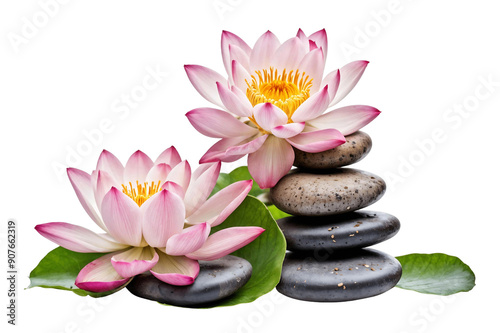 Calm Spa Stones with Lotus Blooms Isolated on Transparent Background
