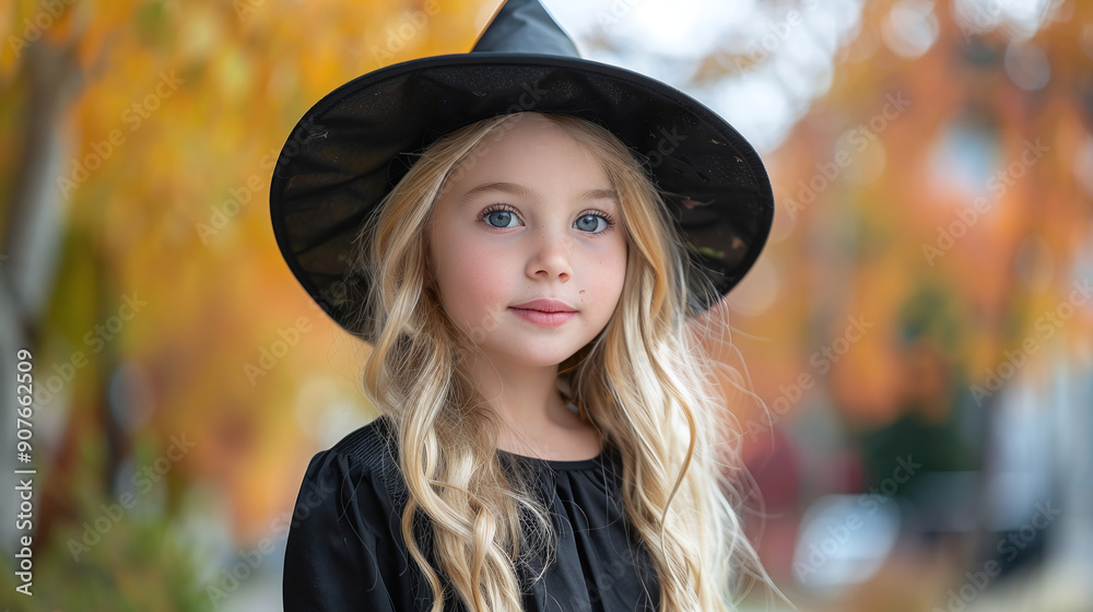 Beautiful girl in a dress and a witch hat on the street Beautiful girl in a dress and a witch hat on the street