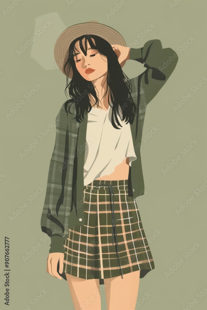 Minimalism illustration, half body shot of an Asian woman, wearing a cardigan with a plaid skirt, with one hand adjusting her hat, preppy woman fashion, flat illustration on light olive background Minimalism illustration, half body shot of an Asian woman, wearing a cardigan with a plaid skirt, with one hand adjusting her hat, preppy woman fashion, flat illustration on light olive background