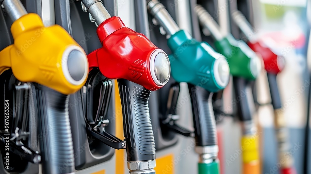 Colorful fuel pumps at a modern gas station close-up view Colorful fuel pumps at a modern gas station close-up view