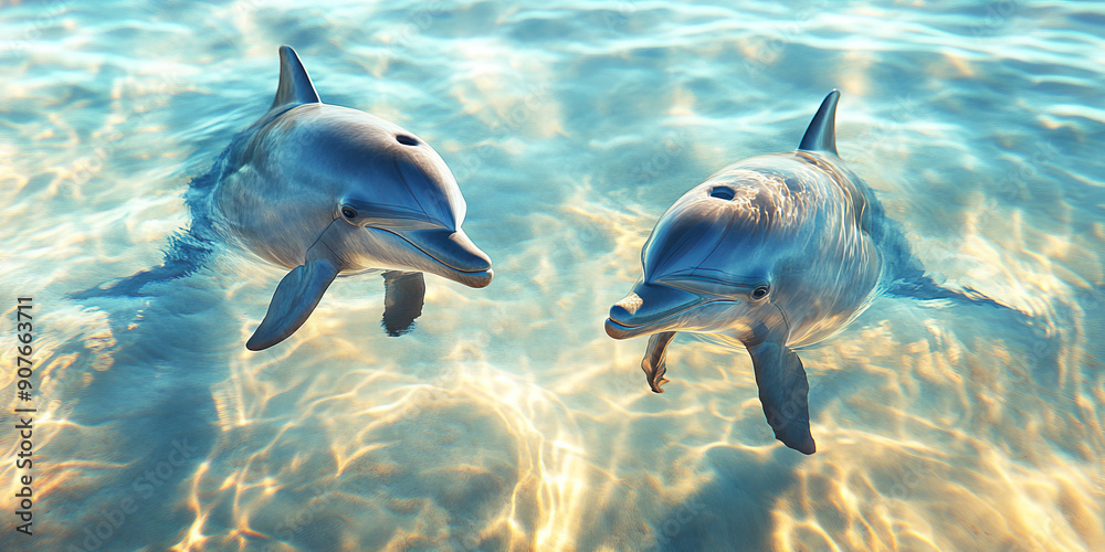 Obraz premium Sea Sleuths: Two dolphins work together, using their sonar to locate hidden treasures on the ocean floor.