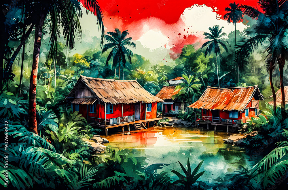 A small village hidden in the jungle watercolor vector art illustration image.
A small village hidden in the jungle watercolor vector art illustration image.