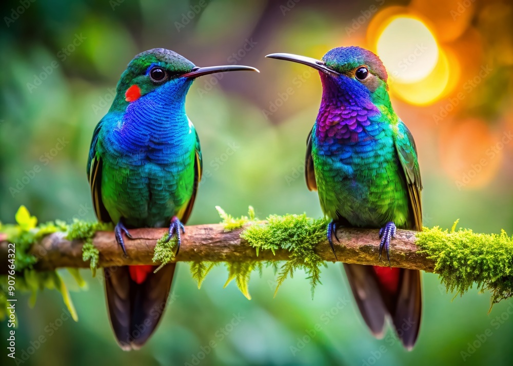 Fototapeta premium Vibrant hummingbirds perched on branches, awaiting prey, their iridescent feathers shining, while the lush green forest background blurs softly, emphasizing their sharp, beady eyes.