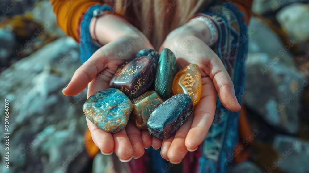 the girl holds rune stones in her hands. Selective focus the girl holds rune stones in her hands. Selective focus