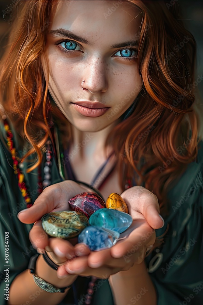 the girl holds rune stones in her hands. Selective focus the girl holds rune stones in her hands. Selective focus