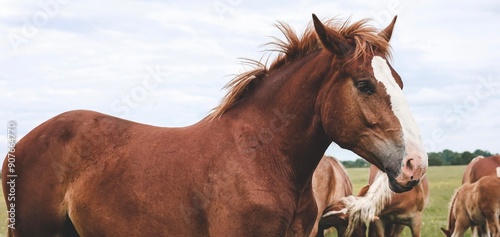 Foto A heavy draft horse, horses with foals grazing in a meadow