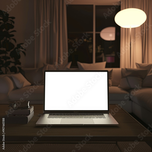 Wallpaper Mural A bright laptop screen illuminates a cozy, dimly lit living room, suggesting late-night work or entertainment. Torontodigital.ca