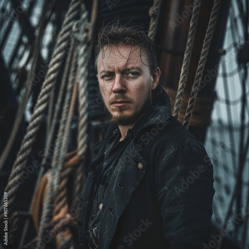 A stern man dressed in rugged, dark clothing stands aboard a ship, surrounded by ropes and wooden decks, emanating a sense of resolve and adventure.